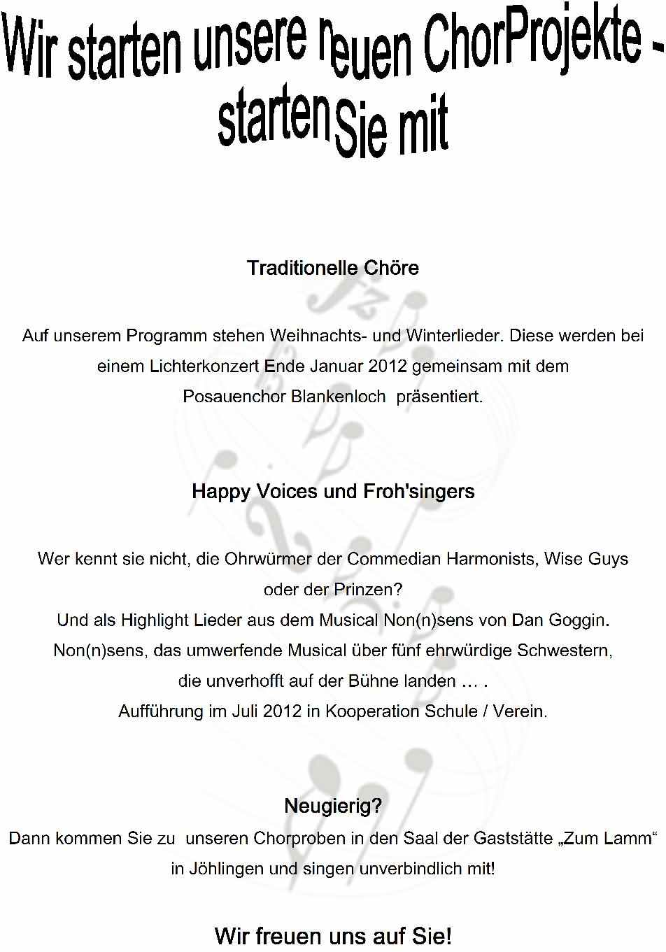 Ankündigung Chorprojekte 2012